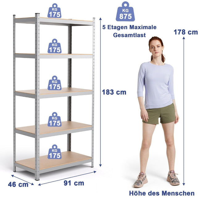 Raft de depozitare, raft pentru sarcini grele, raft cuplat, raft metalic, 5 nivele, raft atelier, 91 x 46 x 183 cm, argintiu