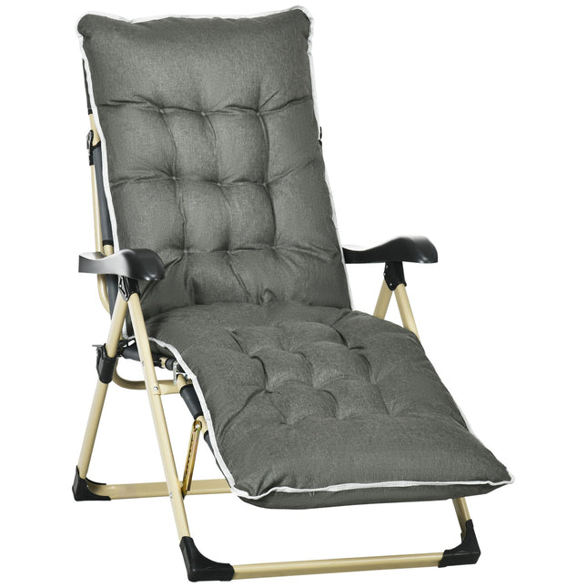 Folding sun lounger with adjustable backrest and cushion