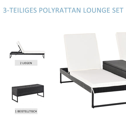 Adjustable sun lounger set: 3-piece, rattan & polyester, black/cream