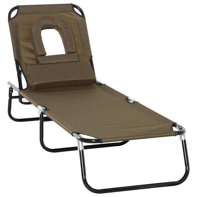 Sun lounger with reading window and face opening, brown