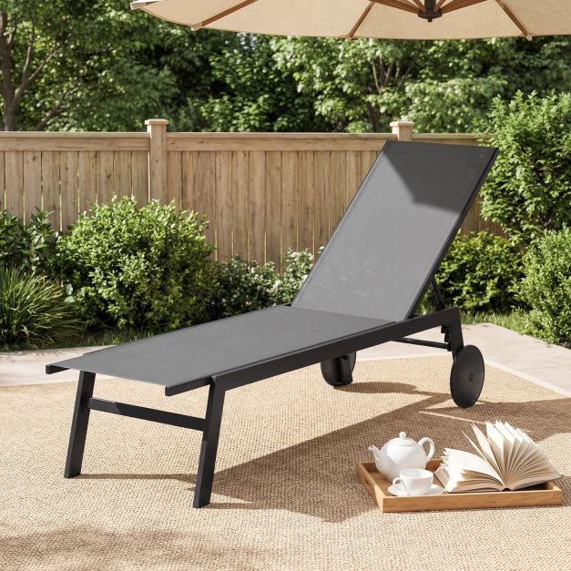 Sun Lounger with Wheels, Adjustable Backrest, Grey
