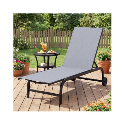 Sun Lounger with Wheels and 6-Position Adjustable Backrest, Grey, Flat 180°