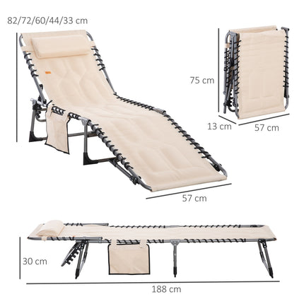 Șezlong, șezlong de grădină pliabil cu pernă, buzunar lateral, șezlong cu spătar reglabil în 5 direcții, șezlong de camping rezistent la intemperii poate susține până la 130 kg, pentru grădină, plajă, piscină, bej Aosom