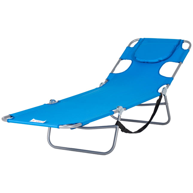Folding sun lounger with cushion and adjustable backrest