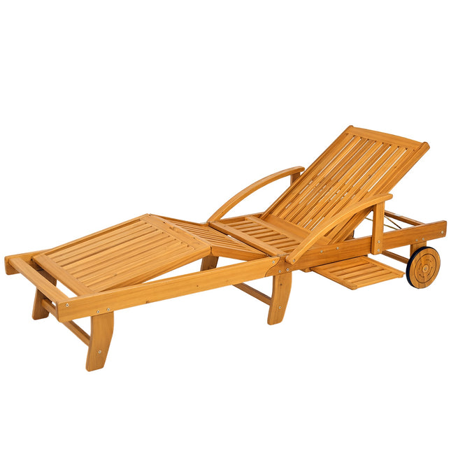 Wooden Folding Sun Lounger with Side Table & Wheels