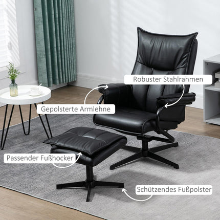 Reclining swivel armchair with stool, artificial leather, black
