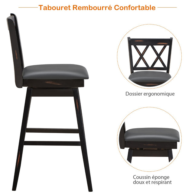 Set de 2 scaune de bar rotative, lemn de cauciuc, șezut din PVC