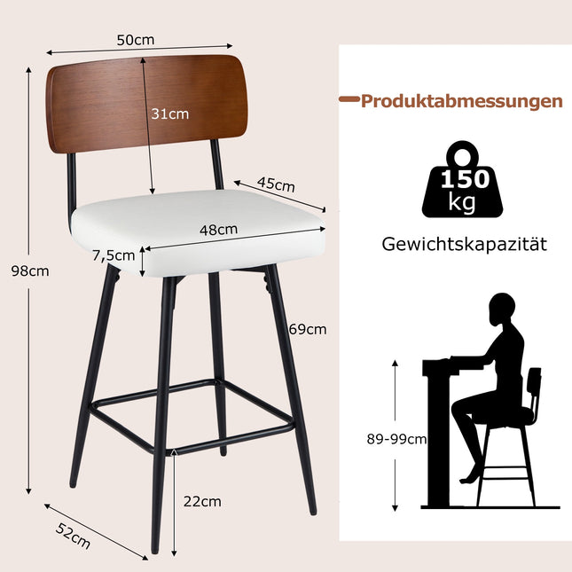 Set de 2 scaune de bar rotative, piele ecologică albă, ergonomice