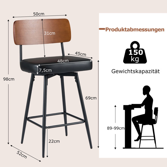 Set de 2 scaune de bar rotative cu spătar căptușit, negru