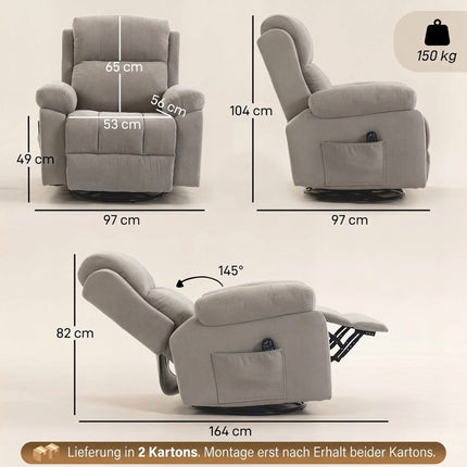 Swivel Massage Recliner Chair with Heat and 145° Recline, Beige, Chenille Look