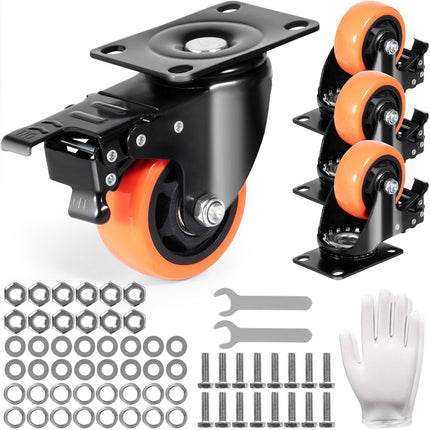 Swivel Plate Caster Wheels, 3 Inch, Set of 4, Locking