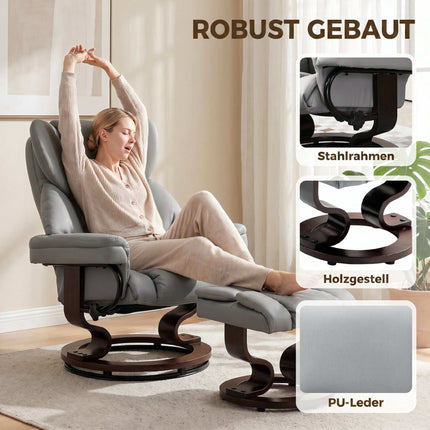 Fotoliu reclinabil rotativ cu otoman, piele PU, gri deschis