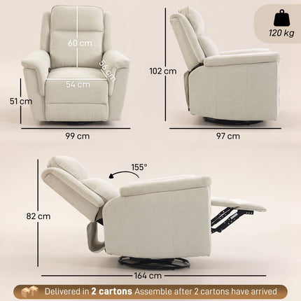 Swivel Rocking Recliner Chair with Footrest and 155° Recline, Cream White