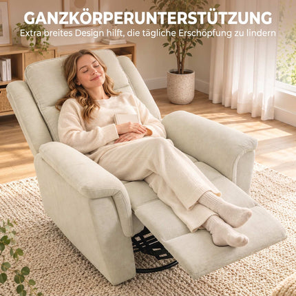 Swivel Rocking Recliner Chair with Footrest and 155° Recline, Cream White