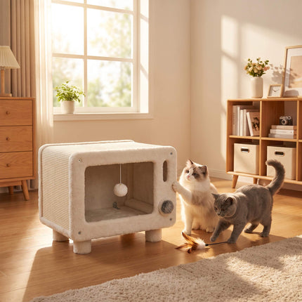 TV-Design Cat House with Hammock and Sisal Scratching Mat, Play Ball, White