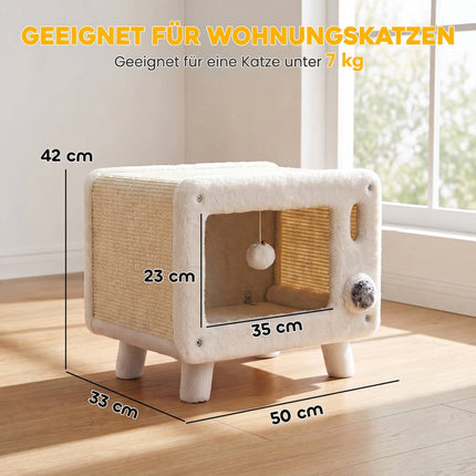 TV-Design Cat House with Hammock and Sisal Scratching Mat, Play Ball, White