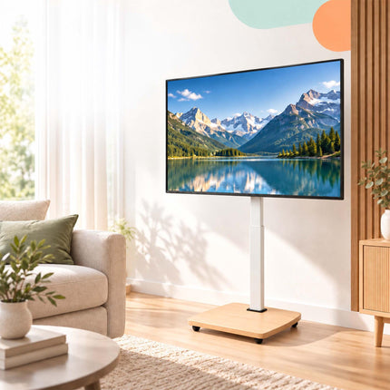 TV Floor Stand 43-75 Inch with Tilt and Swivel, White, Natural Wood Effect