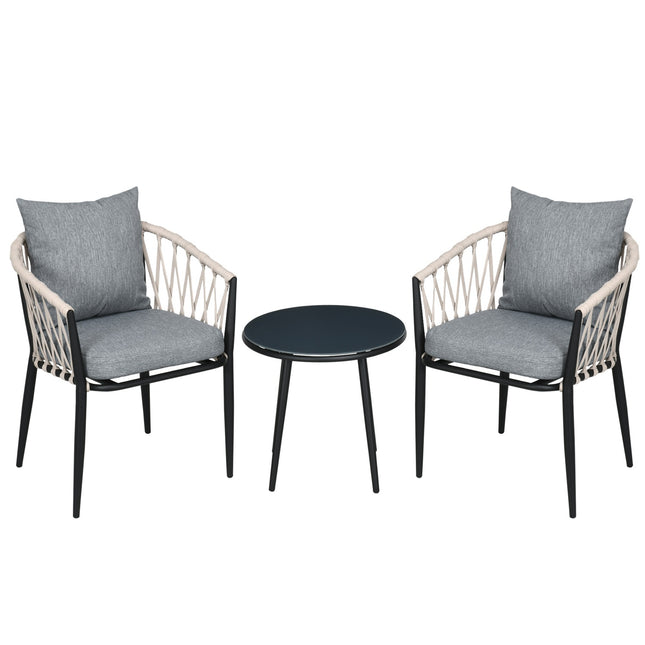 Balcony set - Steel table & 2 chairs with cushions, grey