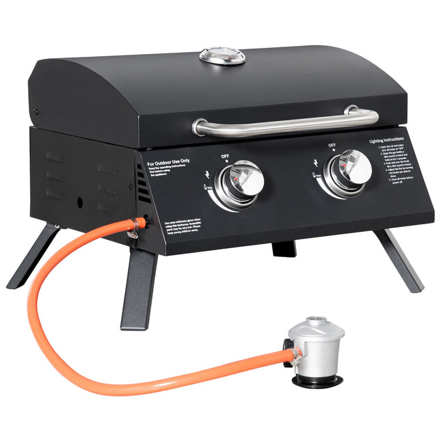 Portable gas grill in stainless steel with 2 burners, black