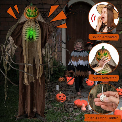 Talking Ghost Pumpkin Animatronic with Glowing Ribs, Moving Head, 6 Feet