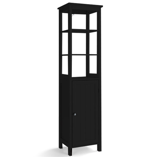 Dulap de baie înalt, negru, cu rafturi reglabile, MDF