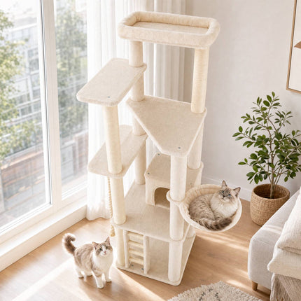 Arbore înalt și modern pentru pisici cu structură Condo, stinghie și stâlpi din sisal - bej