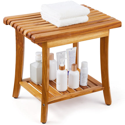 Teak Shower Bench with Shelf, Non-Slip Pads, 400 lb