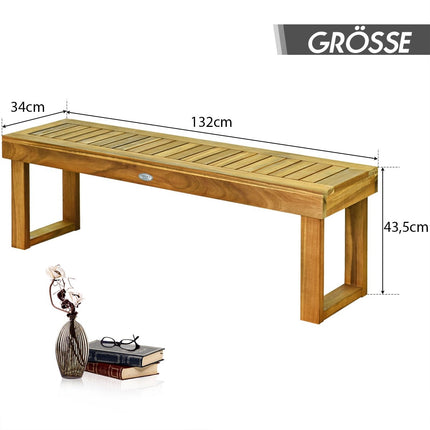 Bancă de exterior din lemn de tec, 132x34x43,5 cm, capacitate 320 kg