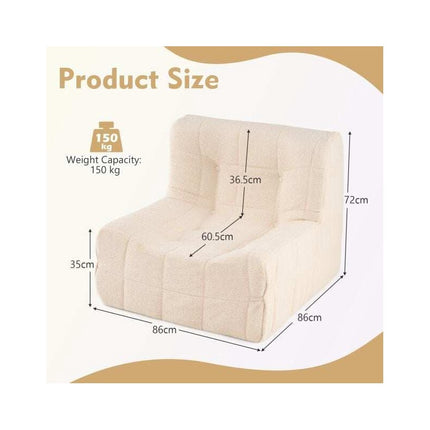 Teddy Plush Floor Sofa Beanbag with One-Piece Foam, White, Max 150 kg