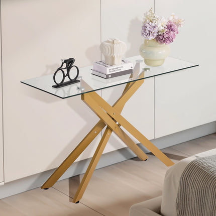 Tempered Glass Console Table, Gold Iron X-Legs, 45 in