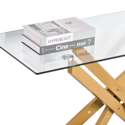 Tempered Glass Console Table, Gold Iron X-Legs, 45 in