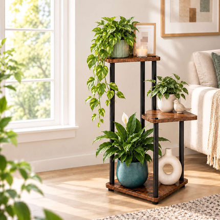Tiered Plant Stand with 3 Square Shelves, Iron and MDF – 78 cm, Dark Brown