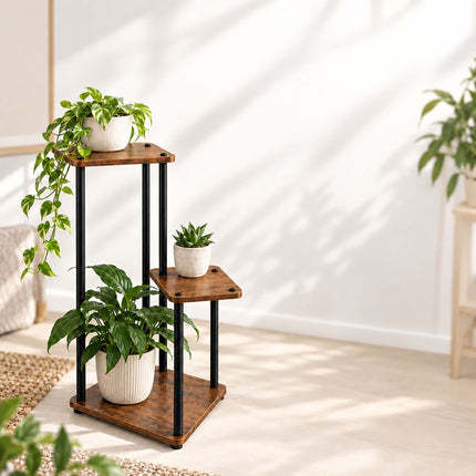 Tiered Plant Stand with 3 Square Shelves, Iron and MDF – 78 cm, Dark Brown