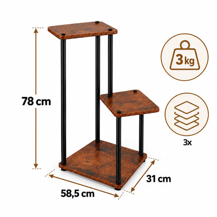 Tiered Plant Stand with 3 Square Shelves, Iron and MDF – 78 cm, Dark Brown