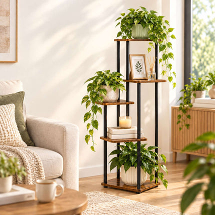 Tiered Plant Stand with 5 Square Shelves, Iron and MDF – 106 cm, Dark Brown