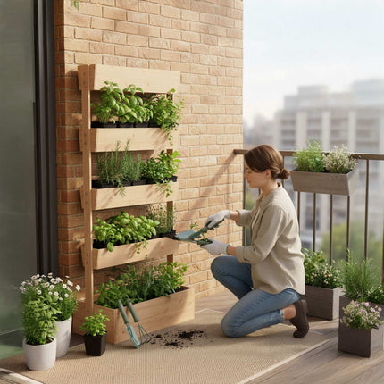 Jardinieră pe niveluri cu cutii pentru ierburi și legume