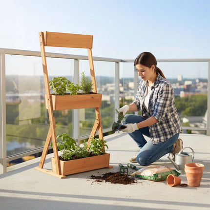 Jardinieră pe niveluri cu cutii pentru ierburi și legume