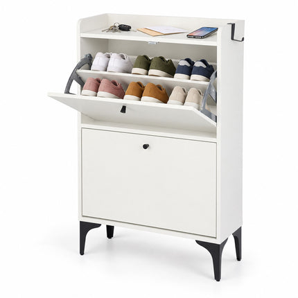 Tilt-Out Shoe Cabinet with 2 Compartments and Top Shelf, White, Black Metal Feet