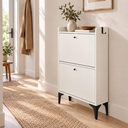 Tilt-Out Shoe Cabinet with 2 Compartments and Top Shelf, White, Black Metal Feet