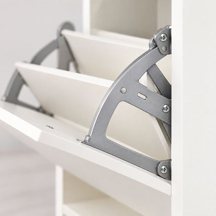 Tilt-Out Shoe Cabinet with 2 Compartments and Top Shelf, White, Black Metal Feet