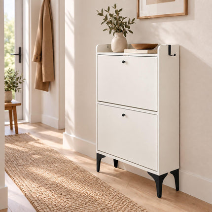 Tilt-Out Shoe Cabinet with 2 Compartments and Top Shelf, White, Black Metal Feet