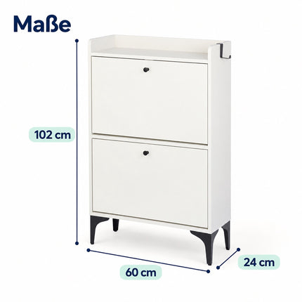 Tilt-Out Shoe Cabinet with 2 Compartments and Top Shelf, White, Black Metal Feet