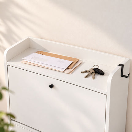 Tilt-Out Shoe Cabinet with 2 Compartments and Top Shelf, White, Black Metal Feet