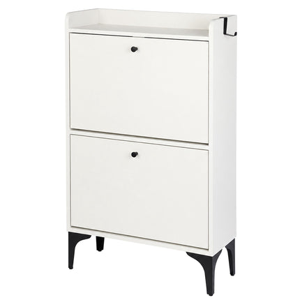 Tilt-Out Shoe Cabinet with 2 Compartments and Top Shelf, White, Black Metal Feet