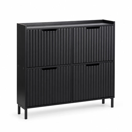 Tilt-Out Shoe Cabinet with 4 Compartments, Ribbed Front, Black, Up to 8 Pairs
