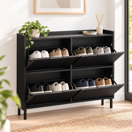 Tilt-Out Shoe Cabinet with 4 Compartments, Ribbed Front, Black, Up to 8 Pairs