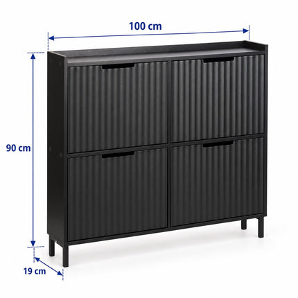 Tilt-Out Shoe Cabinet with 4 Compartments, Ribbed Front, Black, Up to 8 Pairs