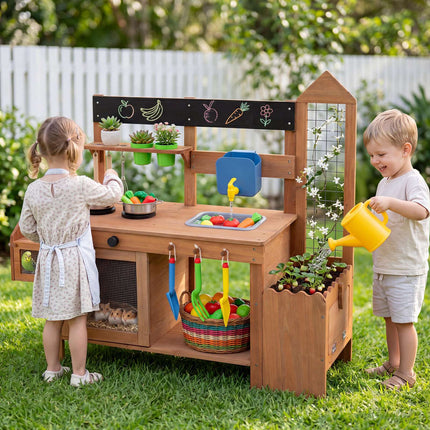 Bucătărie pentru copii mici din noroi cu chiuvetă și jardinieră – Lemn de brad