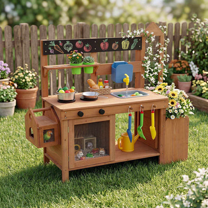 Bucătărie pentru copii mici din noroi cu chiuvetă și jardinieră – Lemn de brad
