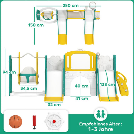 Set tobogan și leagăn pentru copii mici cu coș de baschet, galben/verde